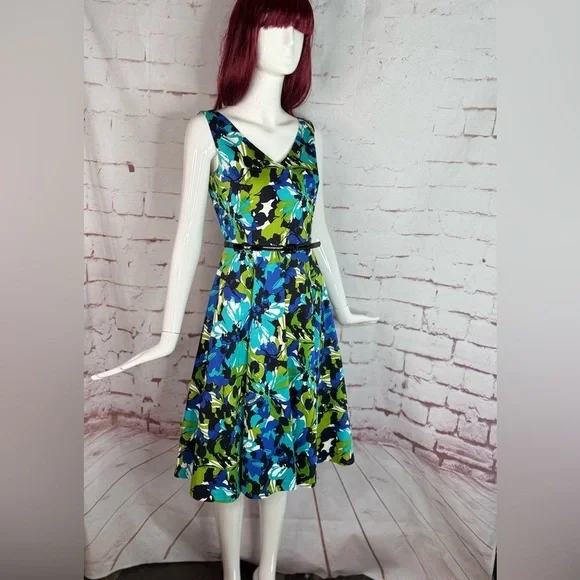 DAVID MEISTER Belted Fit & Flare Blue Green Floral Cocktail Party Dress Size 2 - Picture 9 of 16